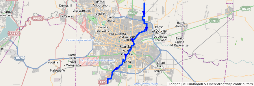 Mapa del recorrido 5 de la línea R (Rojo) en Córdoba.