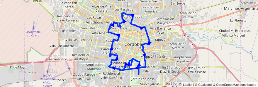 Mapa del recorrido 500 de la línea Circunvalacion en Córdoba.