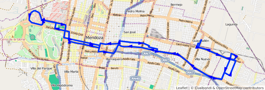 Mapa del recorrido 51 - Bº Santa Ana - Shopping - U.N.C. de la línea G05 en Mendoza.