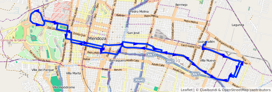 Mapa del recorrido 51 - Bº Santa Ana - U.N.C de la línea G05 en Mendoza.