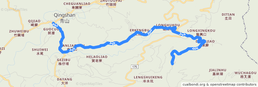 Mapa del recorrido 黃7(延駛仙公廟_往程) de la línea  en Dongshan.