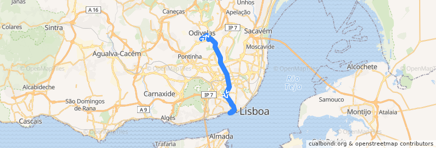 Mapa del recorrido Bus 736: Odivelas → Cais do Sodré de la línea  en Lisboa.