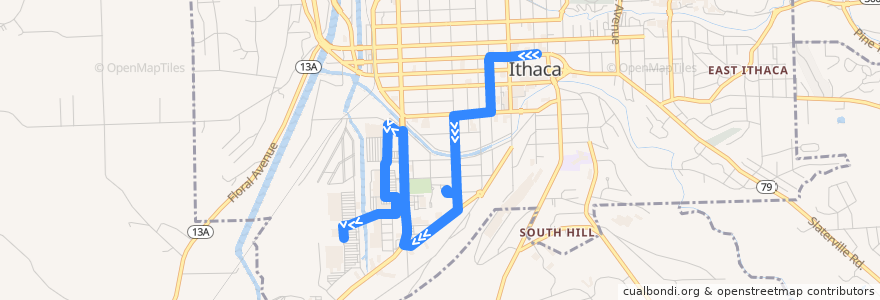 Mapa del recorrido TCAT 15 Outbound Southside Shopper de la línea  en Ithaca.