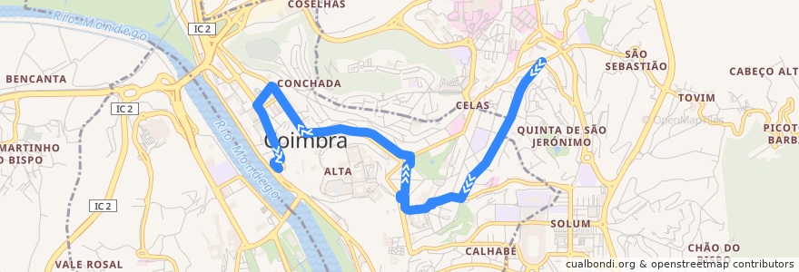 Mapa del recorrido 4: Santo António dos Olivais => Estação Nova de la línea  en Coimbra (Sé Nova, Santa Cruz, Almedina e São Bartolomeu).