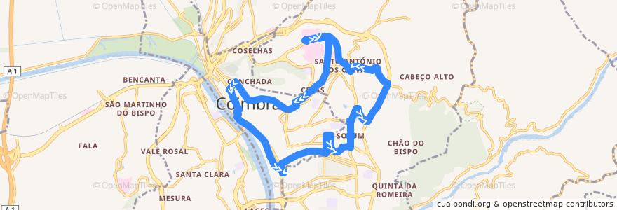 Mapa del recorrido 7T: Palácio da Justiça => Solum => Tovim => Celas => Palácio da Justiça de la línea  en Coimbra.