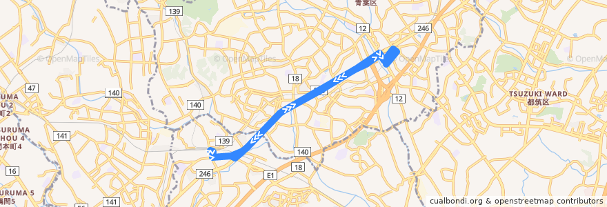 Mapa del recorrido 神奈川中央交通　市が尾02系統　市が尾駅⇔長津田駅 de la línea  en 横浜市.