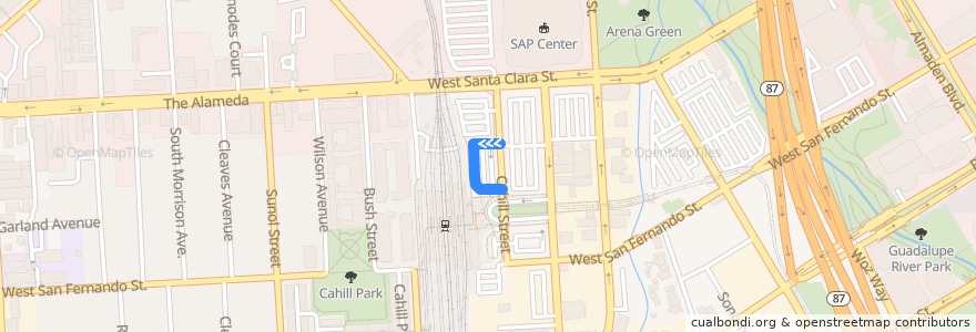 Mapa del recorrido King City–San Jose/San Jose Airport de la línea  en San Jose.