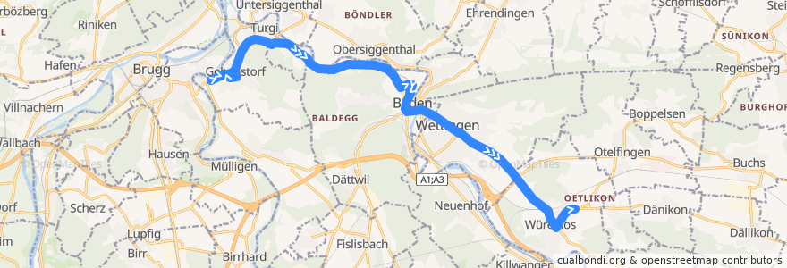 Mapa del recorrido Bus 1: Gebenstorf => Würenlos de la línea  en Bezirk Baden.