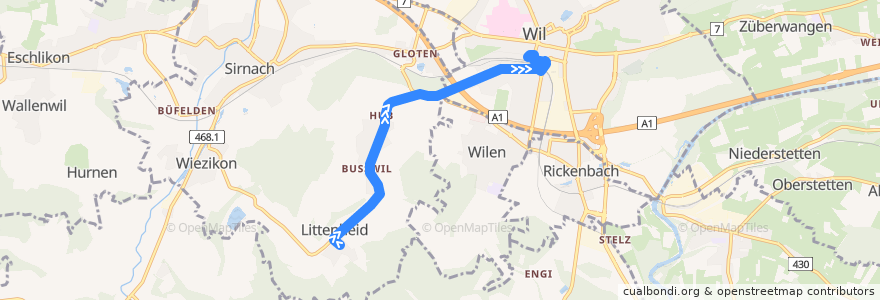 Mapa del recorrido Bus 733: Littenheid, Klinik => Wil, Bahnhof de la línea  en Schweiz/Suisse/Svizzera/Svizra.