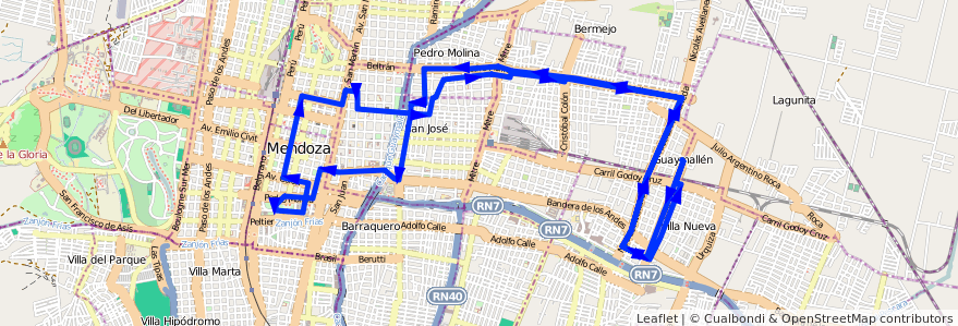 Mapa del recorrido 52 - Muni. Guaymallén - San Lorenzo - Casa de Gob. - Muni. Guaymallén de la línea G05 en 门多萨省.