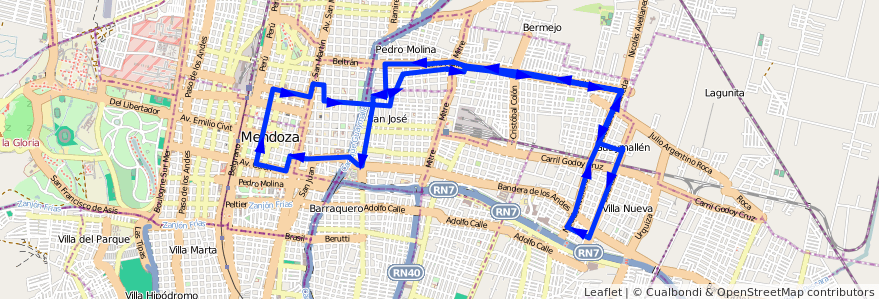 Mapa del recorrido 52 - Muni. Guaymallén - San Lorenzo de la línea G05 en Mendoza.