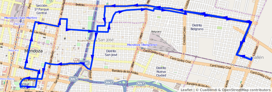 Mapa del recorrido 52 - San Lorenzo - Casa de Gob. de la línea G05 en Мендоса.