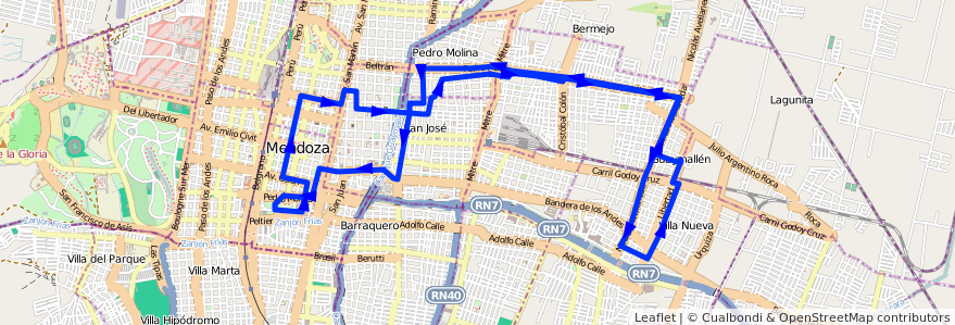 Mapa del recorrido 52 - San Lorenzo - Casa de Gob. - Muni. Guaymallén de la línea G05 en Mendoza.