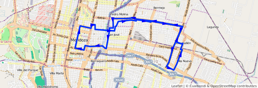 Mapa del recorrido 52 - San Lorenzo - Muni. Guaymallén de la línea G05 en Mendoza.