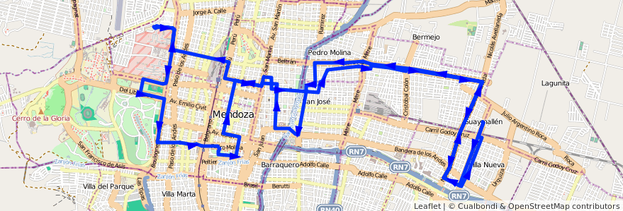 Mapa del recorrido 52 - San Lorenzo - Parque de la línea G05 en Mendoza.