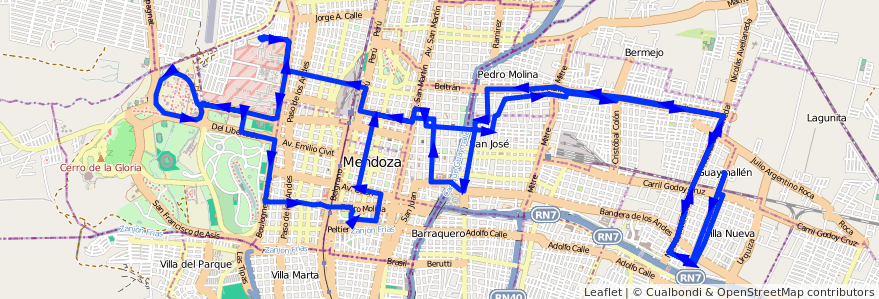 Mapa del recorrido 52 - San Lorenzo - U.N.C. de la línea G05 en Mendoza.