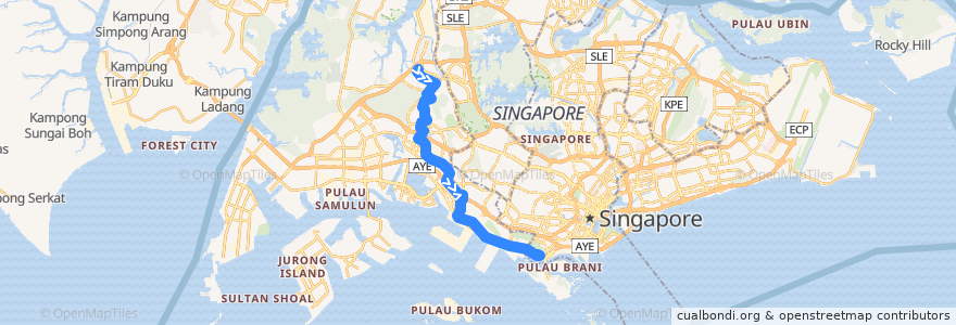 Mapa del recorrido Svc 188E (Choa Chu Kang Interchange => HarbourFront Interchange) de la línea  en 西南区.