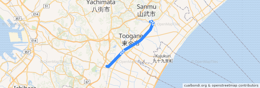 Mapa del recorrido JR東金線 de la línea  en Chiba Prefecture.