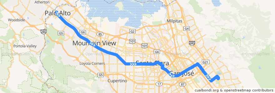Mapa del recorrido VTA 22: Palo Alto Transit Center => Eastridge Transit Center de la línea  en Santa Clara County.