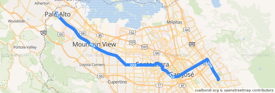 Mapa del recorrido VTA 522: Palo Alto Transit Center => Eastridge Transit Center de la línea  en Santa Clara County.