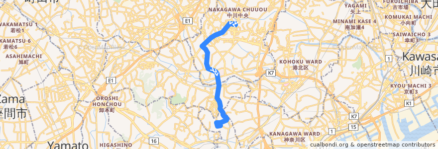 Mapa del recorrido 124系統　センター南駅⇒笹山団地中央 de la línea  en 横滨市.