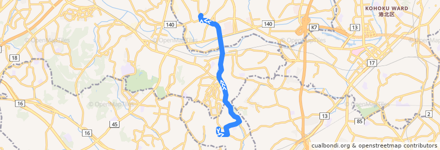 Mapa del recorrido 124系統　笹山団地⇒石橋 de la línea  en Yokohama.