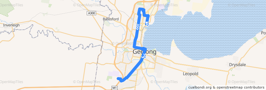 Mapa del recorrido Bus 1: North Shore Station => Geelong City => Deakin University de la línea  en City of Greater Geelong.