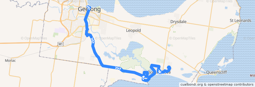 Mapa del recorrido Bus 55: Geelong Station => Barwon Heads => Ocean Grove de la línea  en City of Greater Geelong.