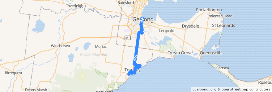 Mapa del recorrido Bus 50: Geelong Station => Marshall Station & Fischer Street => Jan Juc de la línea  en 빅토리아.