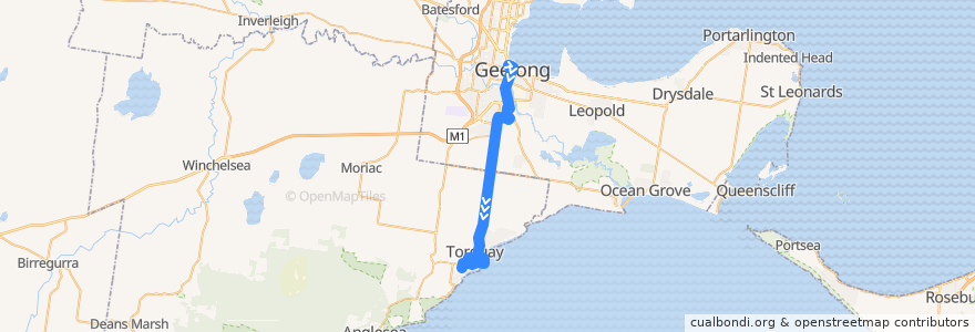 Mapa del recorrido Bus 51: Geelong Station => Marshall Station => Jan Juc de la línea  en Victoria.