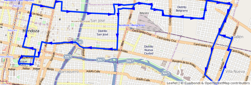 Mapa del recorrido 53 - Belgrano - Casa de Gob. - Muni. Guaymallén de la línea G05 en 门多萨省.