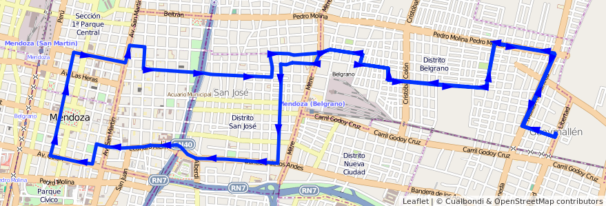 Mapa del recorrido 53 - Belgrano de la línea G05 en Мендоса.