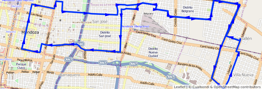 Mapa del recorrido 53 - Belgrano - Muni. Guaymallén de la línea G05 en Mendoza.