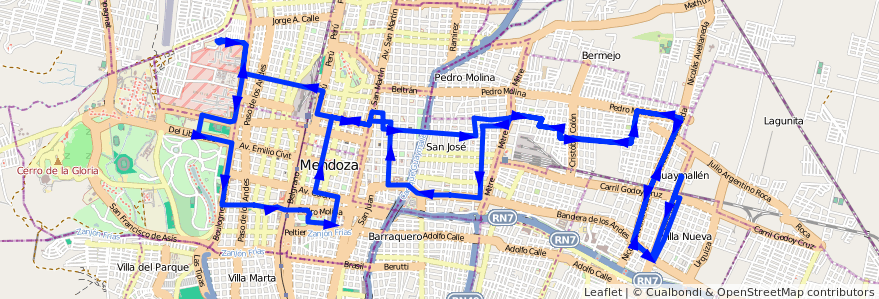 Mapa del recorrido 53 - Belgrano - Parque de la línea G05 en Mendoza.