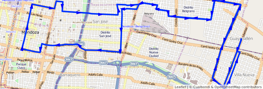 Mapa del recorrido 53 - Muni. Guaymallén - Belgrano - Muni. Guaymallén de la línea G05 en Mendoza.