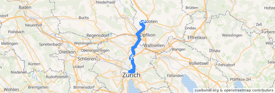 Mapa del recorrido Tram 10: Zürich Flughafen, Fracht → Zürich, Bahnhofplatz/HB de la línea  en Zurich.