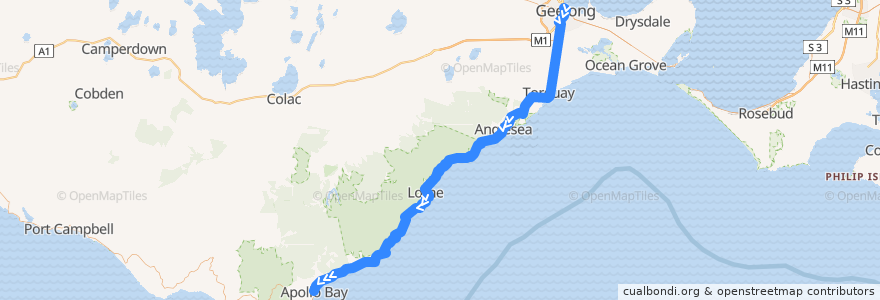 Mapa del recorrido Bus V101: Geelong => Apollo Bay de la línea  en Виктория.