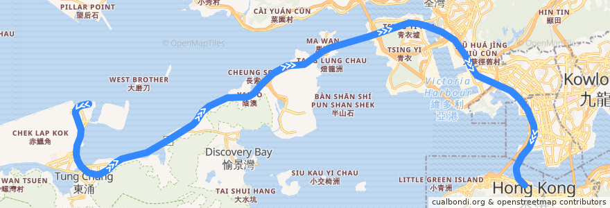 Mapa del recorrido 機場快綫 Airport Express (往市區 to City) de la línea  en هنگ‌کنگ.