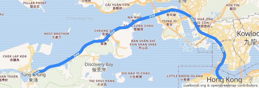 Mapa del recorrido 東涌綫 Tung Chung Line (東涌 Tung Chung → 香港 Hong Kong) de la línea  en Nuovi Territori.