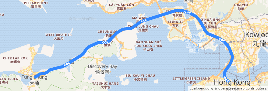 Mapa del recorrido 東涌綫 Tung Chung Line (香港 Hong Kong → 東涌 Tung Chung) de la línea  en Гонконг.