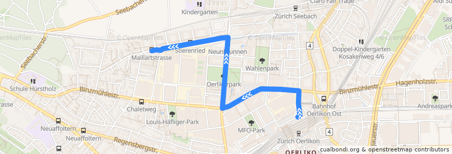 Mapa del recorrido Bus 64: Zürich, Bahnhof Oerlikon Nord → Maillartstrasse de la línea  en Zürich.