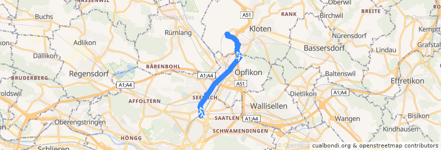 Mapa del recorrido Bus 768: Zürich, Bahnhof Oerlikon -> Zürich Flughafen, Bahnhof de la línea  en Zürich.