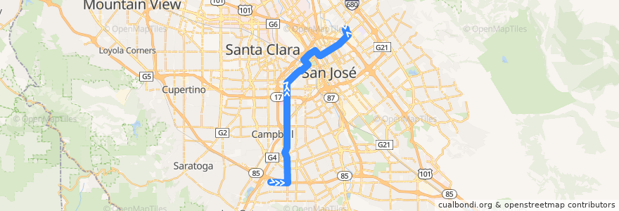 Mapa del recorrido VTA 61: Good Samaritan Hospital => Union & Lantz => Berryessa BART de la línea  en San Jose.