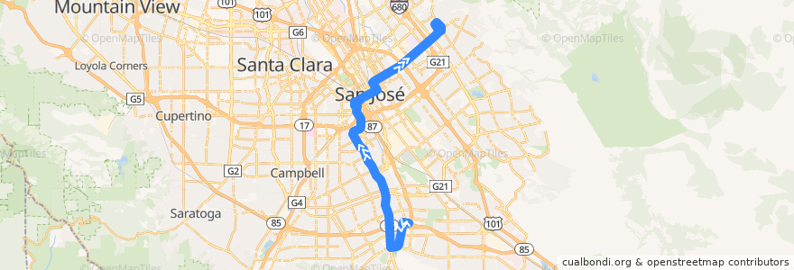 Mapa del recorrido VTA 64A: Ohlone/Chynoweth => San Jose Diridon => McKee & White de la línea  en 聖荷西.