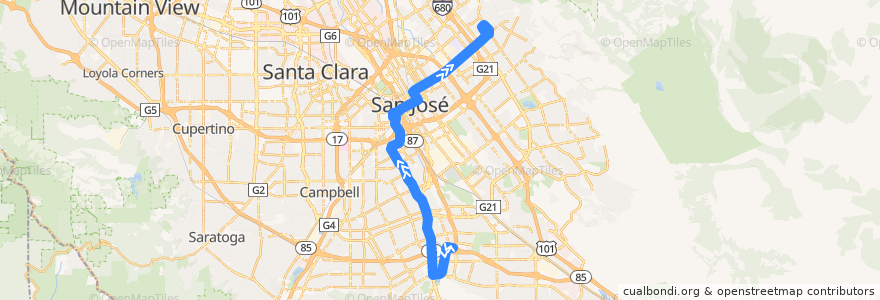 Mapa del recorrido VTA 64A: Ohlone/Chynoweth => San Jose Diridon => McKee & White de la línea  en San Jose.