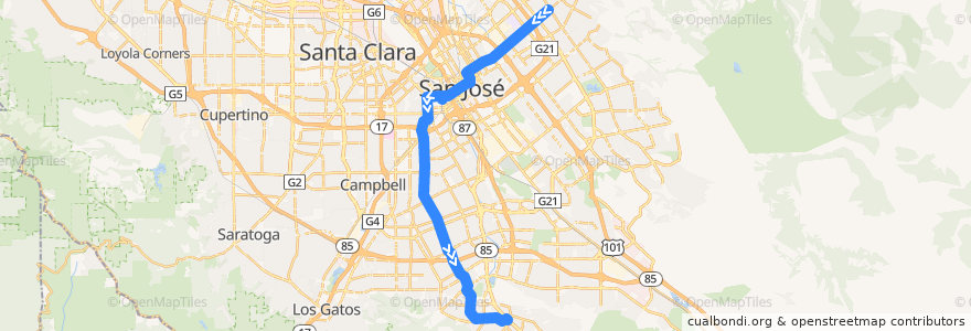 Mapa del recorrido VTA 64B: McKee & White => San Jose Diridon => Almaden Expressway & Camden de la línea  en San Jose.