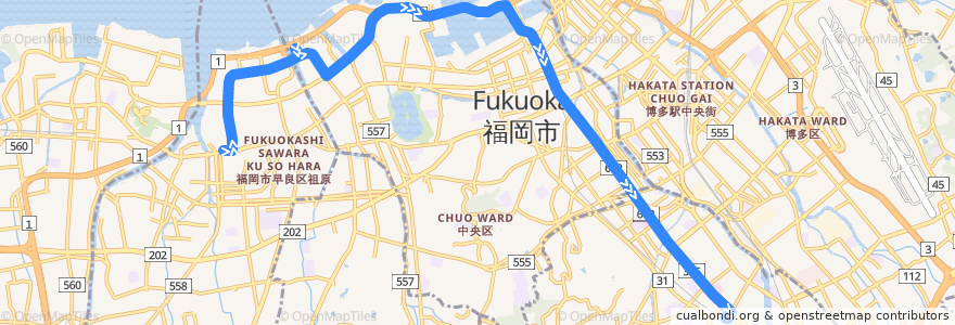 Mapa del recorrido W1 渡辺通幹線バス　藤崎⇒福岡タワー南口⇒医師会館・ソフトリサーチパーク前⇒ヤフオクドーム前⇒都市高速⇒那の津口⇒天神地区⇒西鉄大橋駅 de la línea  en 福岡市.