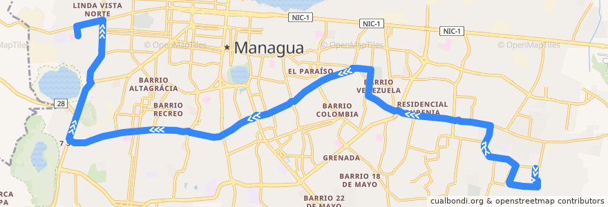 Mapa del recorrido Ruta 103: Laureles Sur -> Hospital Lenín Fonseca de la línea  en Managua.