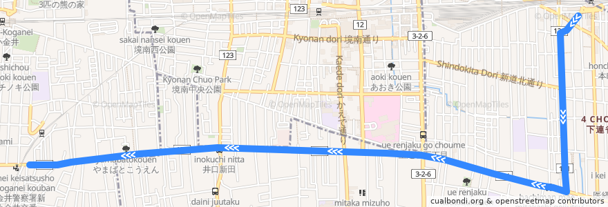 Mapa del recorrido Bus 鷹53 三鷹駅->新小金井線 de la línea  en Tokyo.