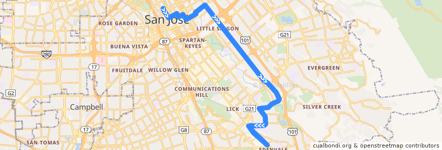 Mapa del recorrido VTA 72: Downtown San Jose => Senter & Monterey de la línea  en San Jose.